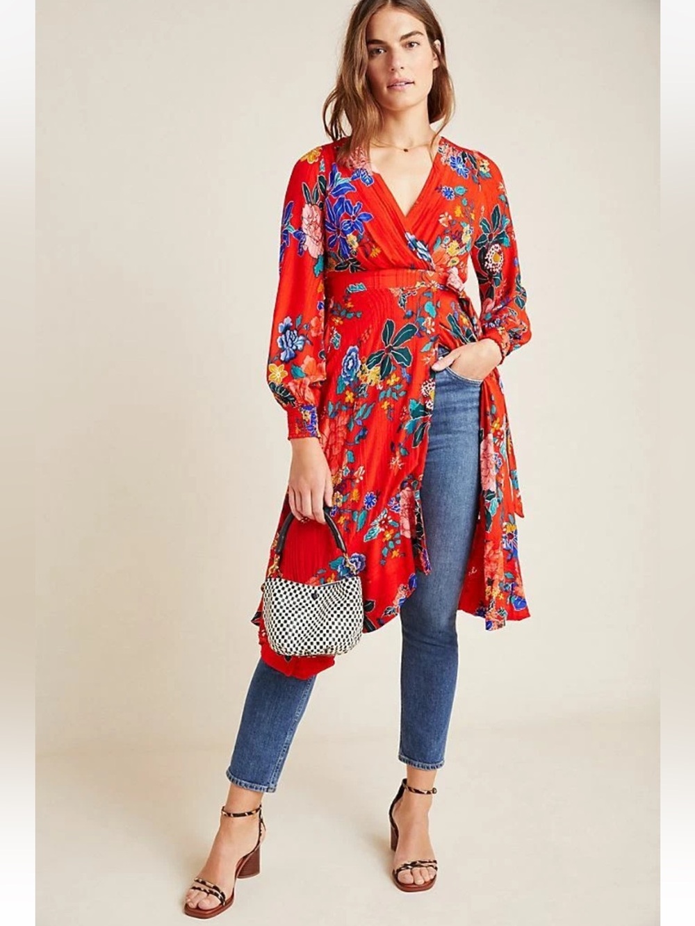 Anthropologie Red Floral Long Sleeve Dress